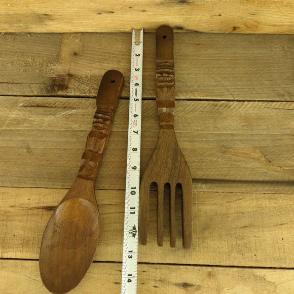 Vintage Carved Wooden Tiki Fork and Spoon Kitchen Wall Décor - Picture 6 of 9
